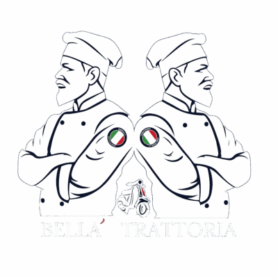 Logo du restaurant italien Bella' Trattoria, représentant deux chefs cuisiniers dos à dos avec une Vespa verte entre eux — spécialités italiennes authentiques à Villefranche sur Saône